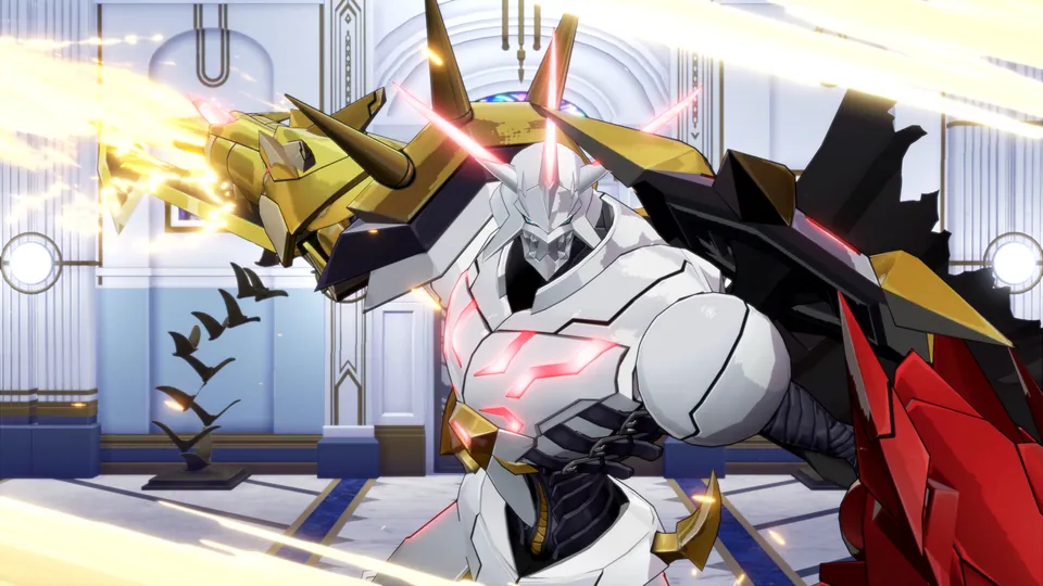An armored Omnimon variant with a golden dragon arm and a red cannon strikes inside a white hall in Digimon Story Time Stranger's Alternate Dimension DLC