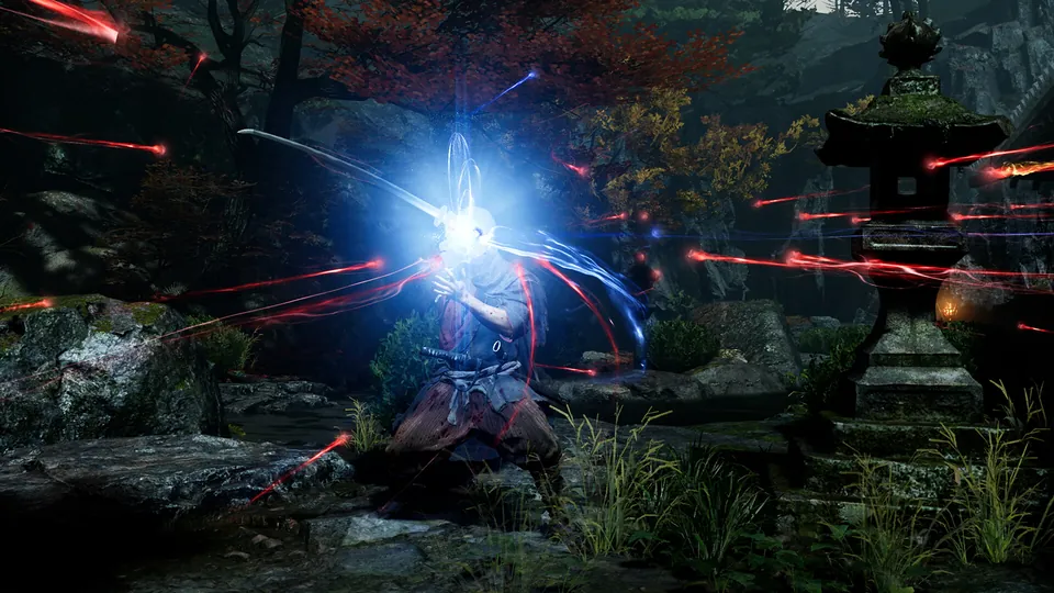 Onimusha: Way of the Sword screenshot: Miyamoto Musashi swings a glowing blue sword through red arrows in a dark garden