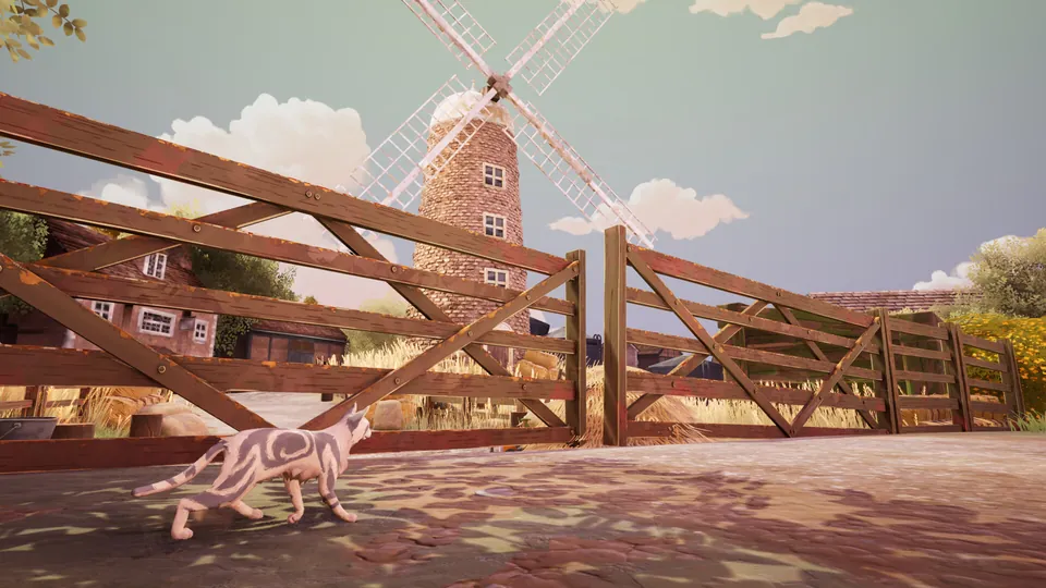 A cat walks past a wooden gate and a windmill on a farm in Warrior Cats: Clans of the Forest