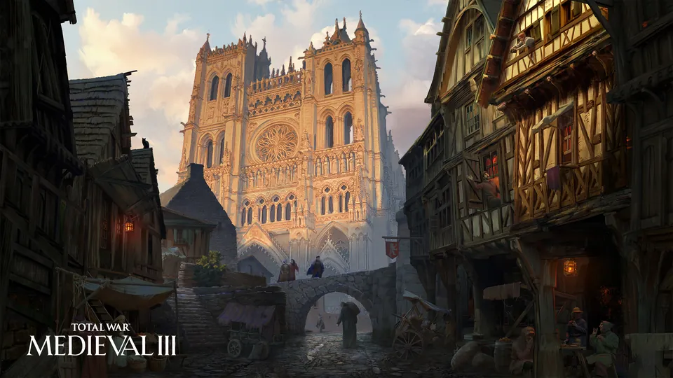 A Gothic cathedral glows in evening light at the end of a narrow street of half-timbered houses and a stone bridge