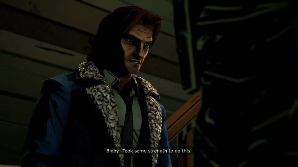 Bigby Wolf, in a dark coat with a leopard-print collar, speaks in a dim stairwell