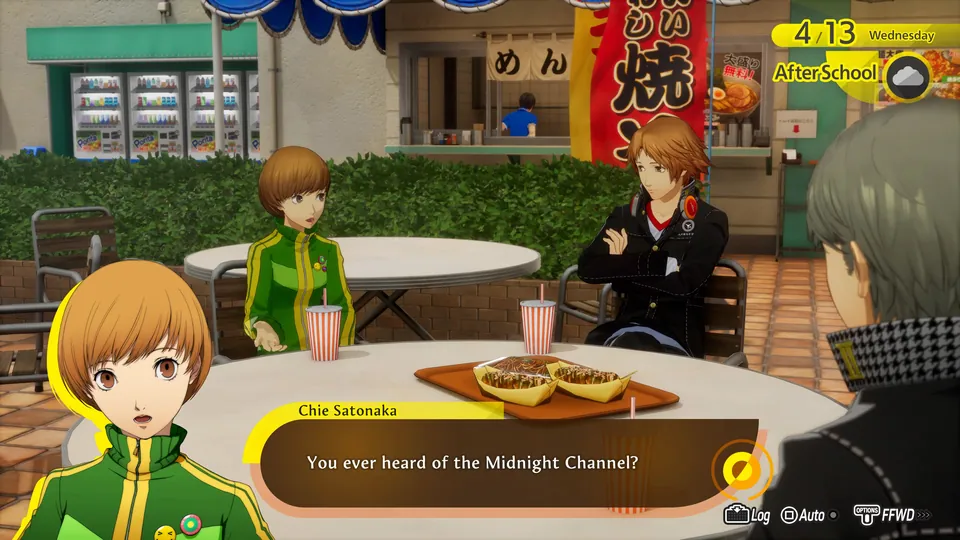 Chie and Yosuke at an outdoor food stall table, with Chie asking about the Midnight Channel, in Persona 4 Revival