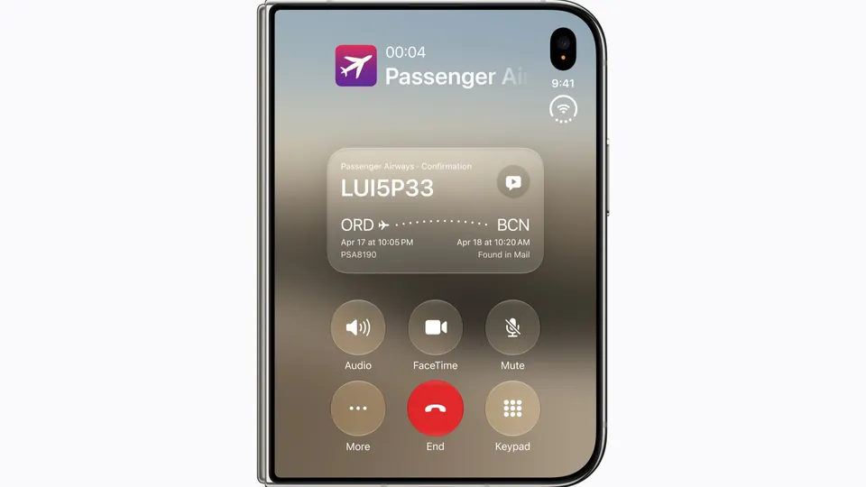 A closed iPhone Duo shows an incoming call screen with flight details and call buttons