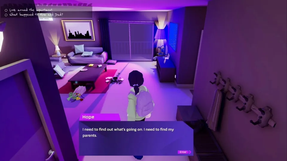 Hope Song stands in the family's ransacked apartment in Hope in the City, looking for clues about the missing parents