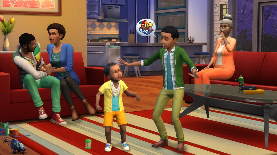 A Sims family of three generations laughs together around a red sofa in a living room in The Sims 4