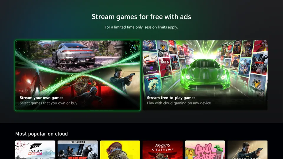 Xbox cloud gaming screen with options to stream your own games or free-to-play games and a row of the most popular cloud games