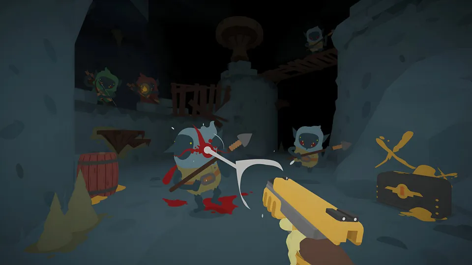 A golden pistol fires at a goblin with a spear inside a dark cave, with more goblins on a wooden walkway in Sulfur