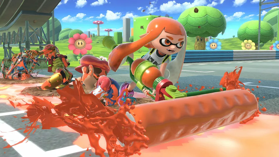 Inkling rolls orange ink across a stage while other fighters scatter in Super Smash Bros. Ultimate