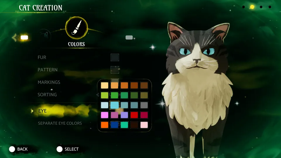 The cat creator in Warrior Cats: Clans of the Forest, with a color palette for fur, pattern, markings and eyes