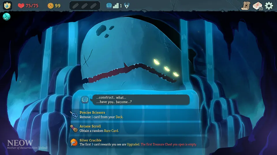 A giant blue stone whale named Neow offers three blessings in a glowing cave in Slay the Spire 2