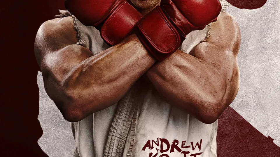 Andrew Koji as Ryu in a white gi and red headband, arms crossed in boxing gloves, on a Street Fighter character poster
