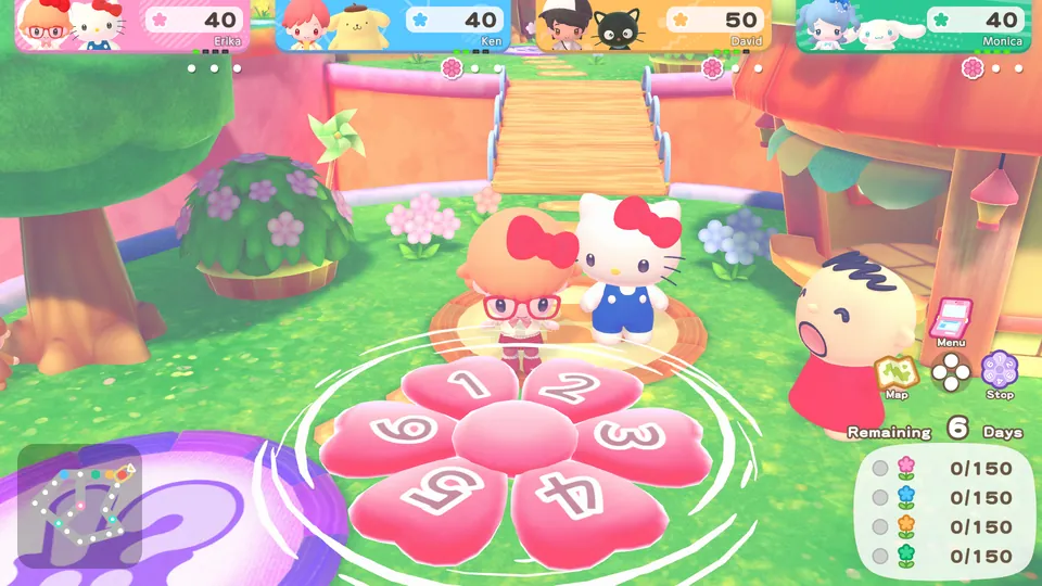 A player avatar and Hello Kitty stand on a flower-shaped space in a Hello Kitty Party Land board game
