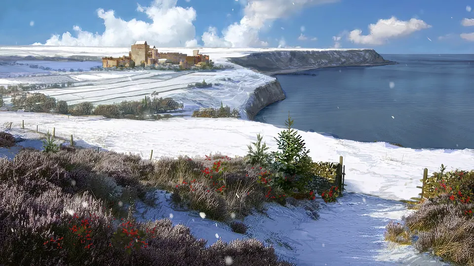 A snowy clifftop path above the sea leads toward a walled town on a distant headland