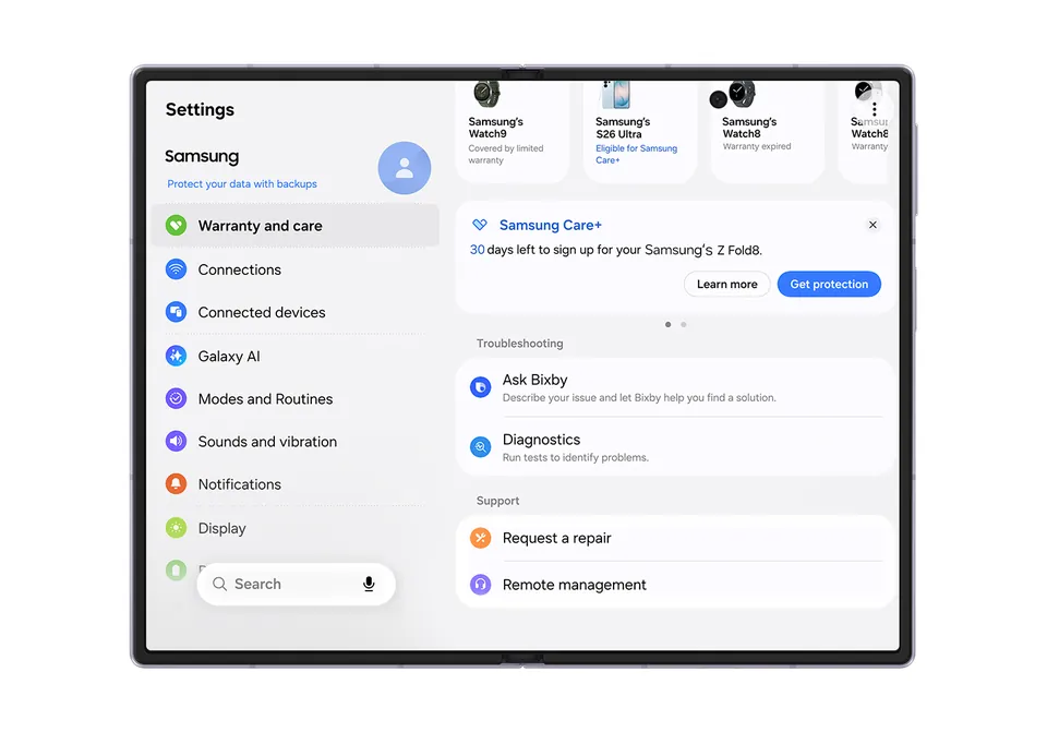 The Warranty and care menu in One UI 9 Settings on a Galaxy Z Fold8, with Samsung Care+ and diagnostics