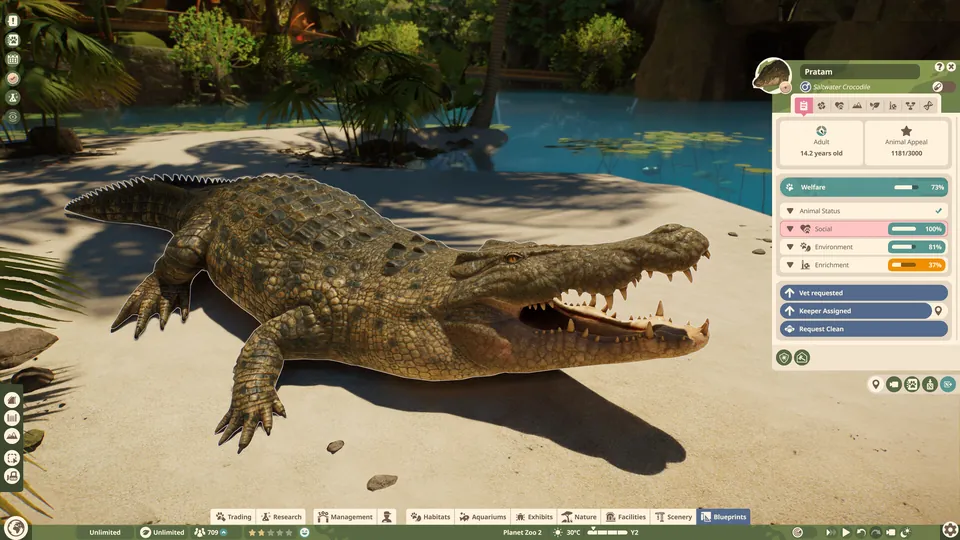 A crocodile on a sandy bank with the animal info panel open