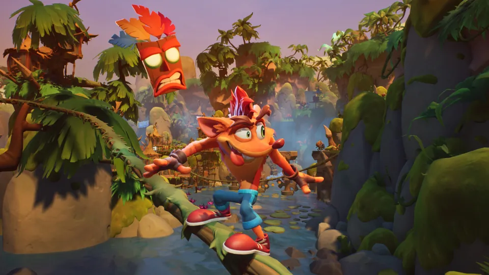 Crash Bandicoot balances on a jungle log next to the floating mask Aku Aku in Crash Bandicoot 4: It's About Time