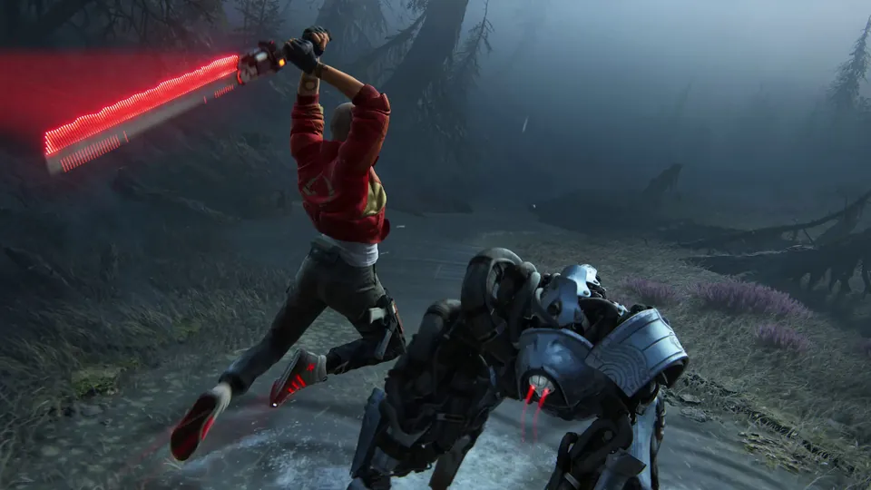 Jordan A. Mun swinging a glowing red blade at a robot in a foggy forest in Intergalactic: The Heretic Prophet