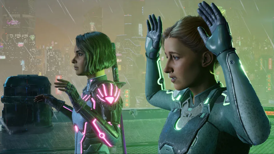 Mio and Zoe raise their hands in glowing sci-fi suits on a rainy rooftop above a neon city in Split Fiction on Nintendo Switch 2