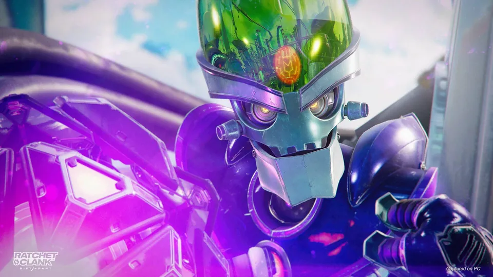 Emperor Nefarious, a robot with a glowing green brain dome, in Ratchet & Clank: Rift Apart