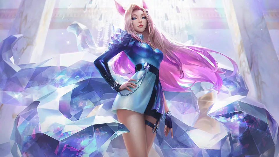K/DA ALL OUT Ahri in a sparkling blue dress with pink hair among crystal shards