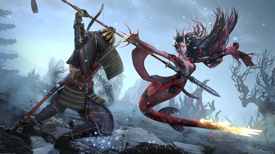 A samurai swings a spear at a red-skinned flying yokai in a snowy forest in Nioh 3.