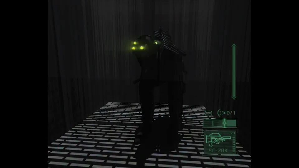 Sam Fisher's three green goggle lights glow in a dark room in Splinter Cell: Pandora Tomorrow