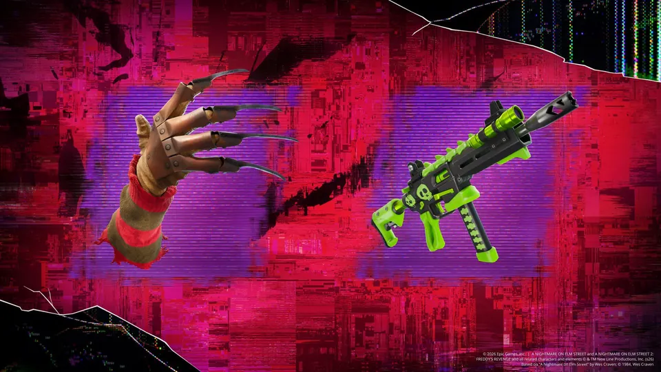 Freddy's Nightmare clawed glove and the green Bonerattler SMG from Fortnitemares 2026