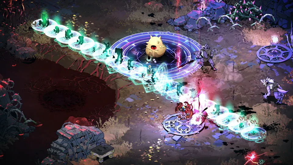 A line of green spectral figures charges across a battlefield marked with glowing magic circles in Hades II