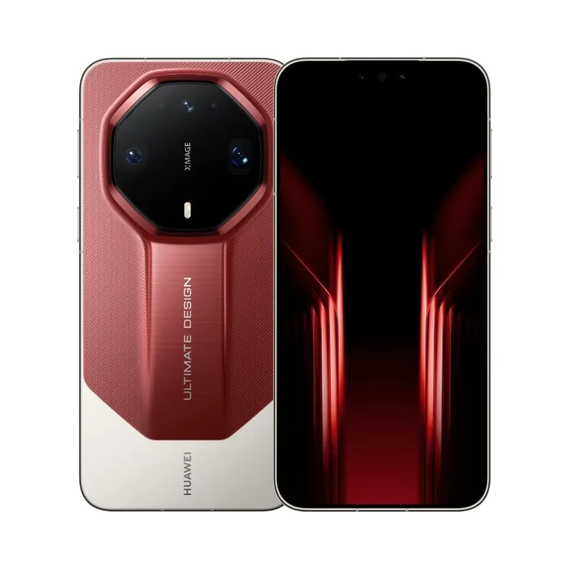The Huawei Mate 90 RS Ultimate Design in red and white, from the back and the front
