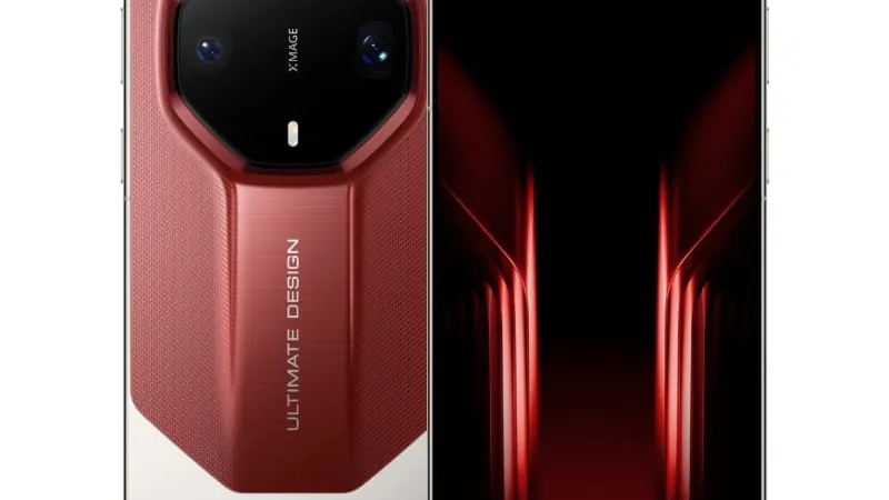 The Huawei Mate 90 RS Ultimate Design in red and white, from the back and the front