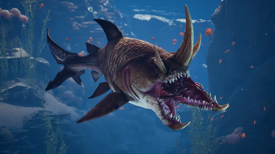 A heavily evolved shark with horns and jagged teeth swims toward the camera in Maneater 2
