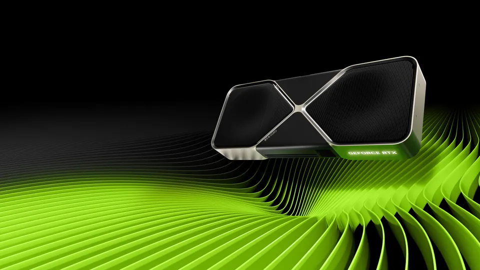 The GeForce RTX 5080 Founders Edition graphics card over green waves