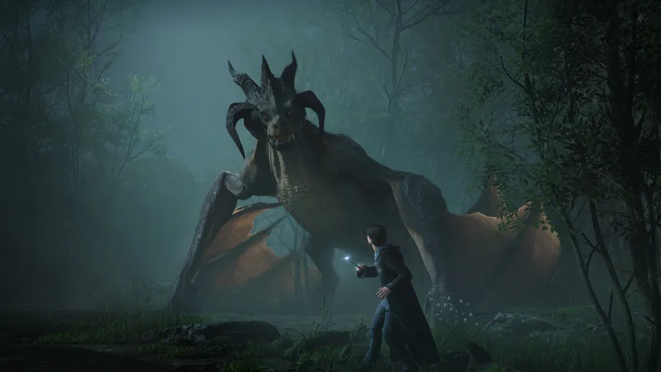 A student with a lit wand faces a horned dragon in a misty forest