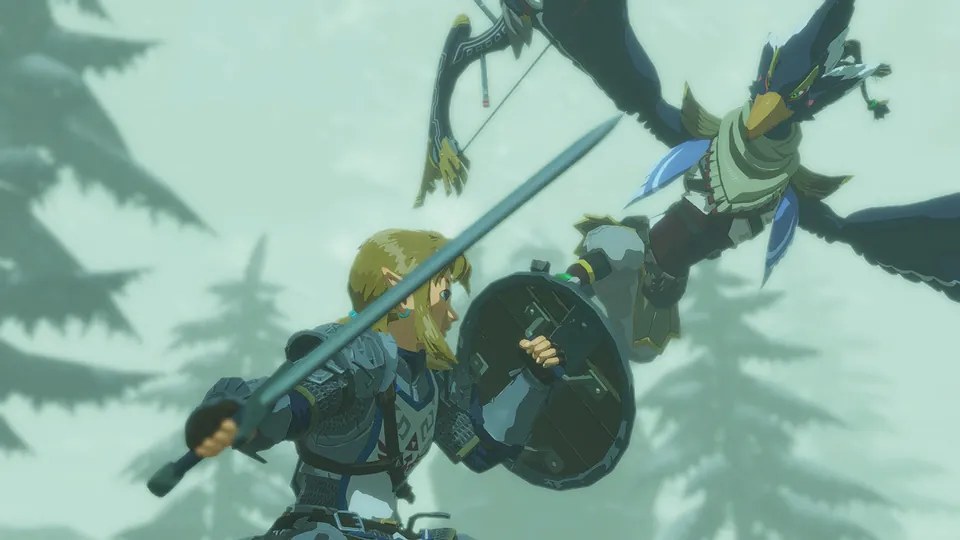 Link raises a shield as Revali swoops overhead with a bow in Hyrule Warriors: Age of Calamity Definitive Edition