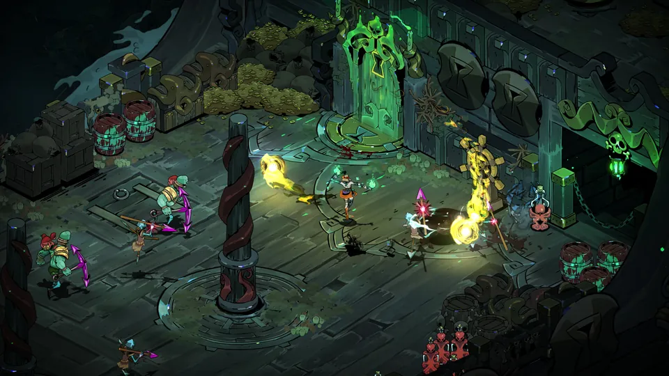 Melinoë fights crossbow-wielding foes on a dark deck lined with barrels and treasure, lit by green and gold magic, in Hades II