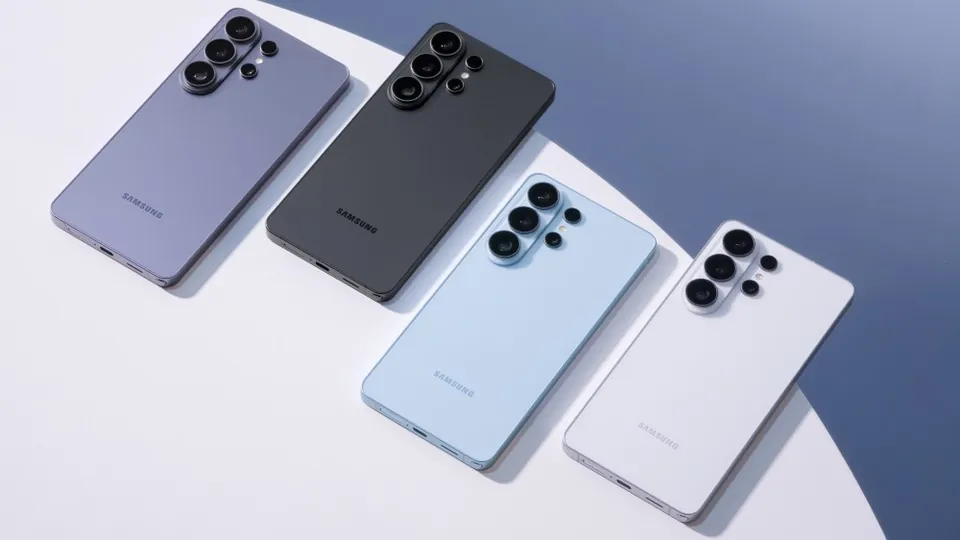 Four Galaxy S26 phones lying face down on a curved white stand, showing their rear cameras
