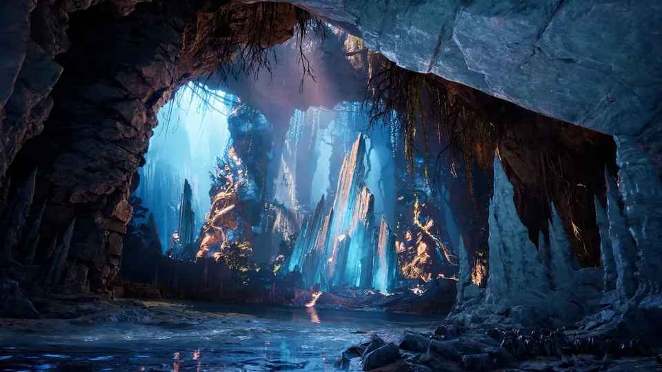 AION 2 cave with glowing blue crystal spires rising over an underground lake