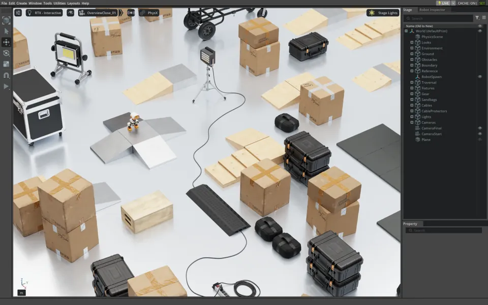 A tiny Microduck robot on a ramp in a simulated warehouse course with boxes and cases