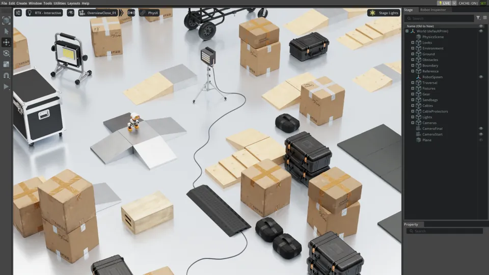 A tiny Microduck robot on a ramp in a simulated warehouse course with boxes and cases