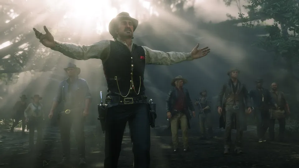 Dutch van der Linde with arms spread in front of the gang in a sunlit forest in Red Dead Redemption 2