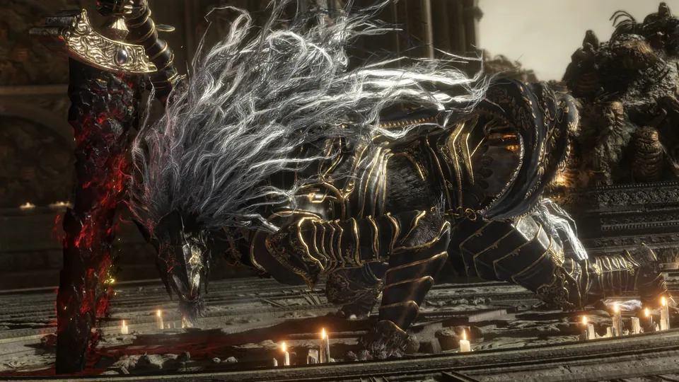 A huge beast with a white mane and black armor crouches among candles in a stone hall in Elden Ring Tarnished Edition on Nintendo Switch 2