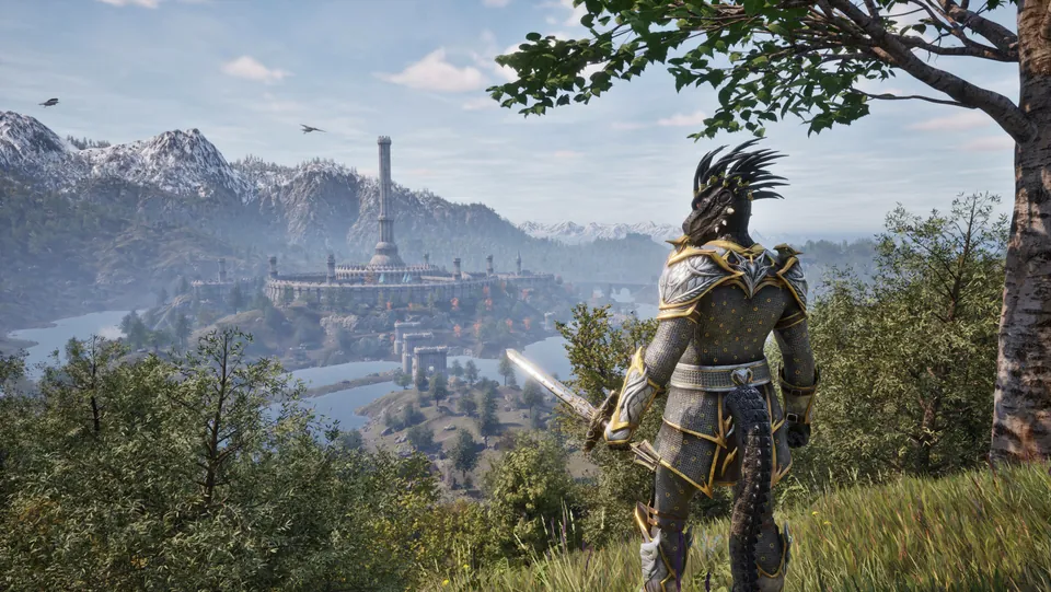 An armored character with a spiked helmet looks across a lake toward the Imperial City tower in The Elder Scrolls IV: Oblivion Remastered