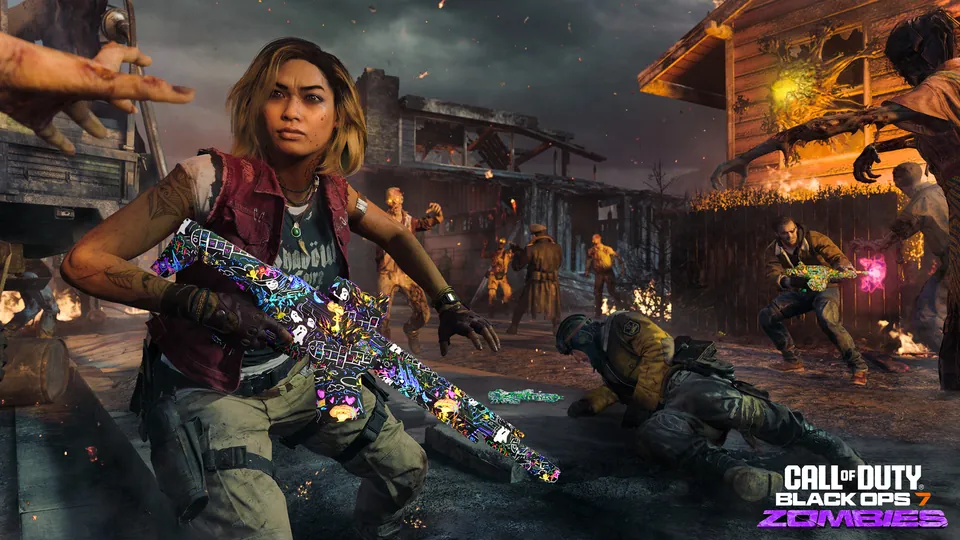A Black Ops 7 operator crouching with a camo-covered rifle as zombies close in on a burning town in Paradox Junction
