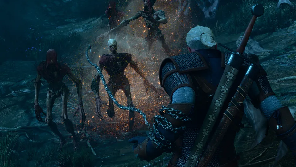 Geralt swings the new chain weapon at ghoulish creatures in a dark forest in The Witcher 3: Songs of the Past