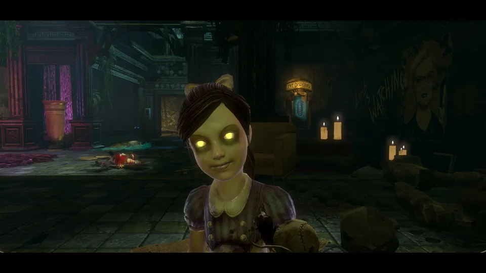 A Little Sister with glowing eyes stands in a ruined room in BioShock 2 Remastered