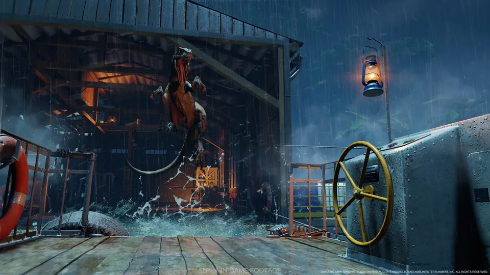 A dinosaur bursts out of a shed onto a dock in the rain in Jurassic Park: Survival