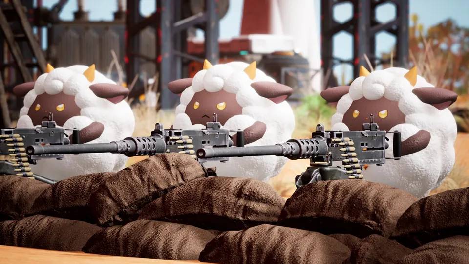 Three woolly Lamball Pals fire machine guns from behind sandbags in Palworld