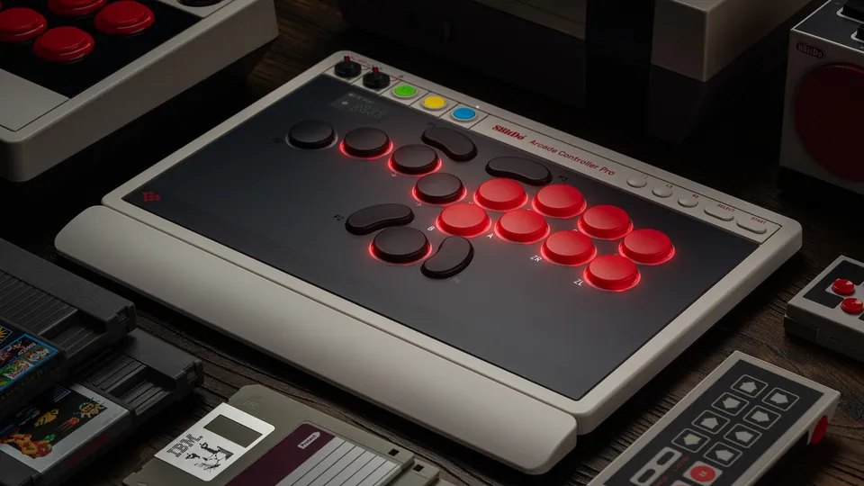 8BitDo Arcade Controller Pro N Edition with glowing red buttons on a wooden desk among a retro console, cartridges, a floppy disk and controllers