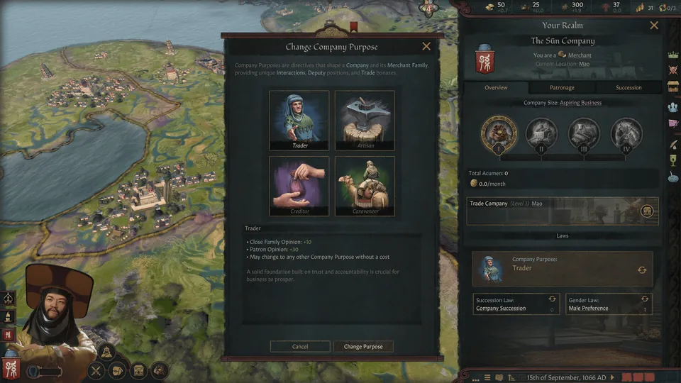 Change Company Purpose window with Trader, Artisan, Creditor and Caravaneer options next to a merchant company panel over a river delta map