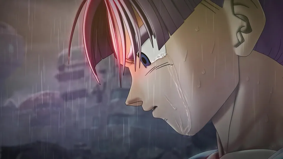 A lavender-haired fighter with tears running down one cheek stands in the rain in front of ruined buildings